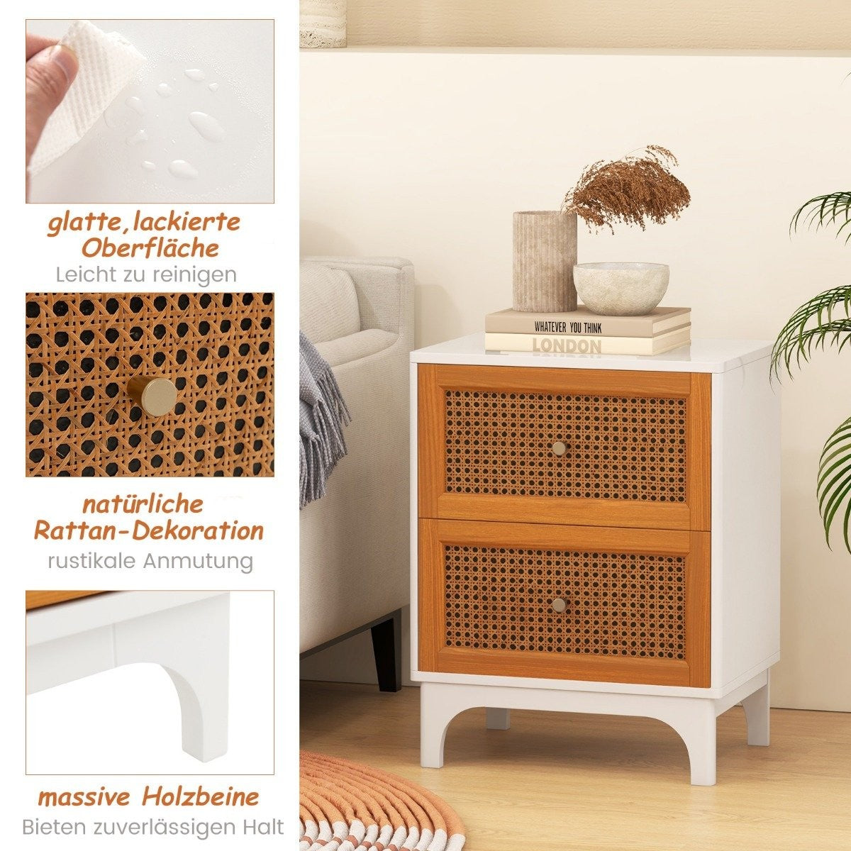 Bedside table rattan bedside cabinet with 2 drawers side table with solid wood legs 46 x 33 x 59.5 cm white + brown