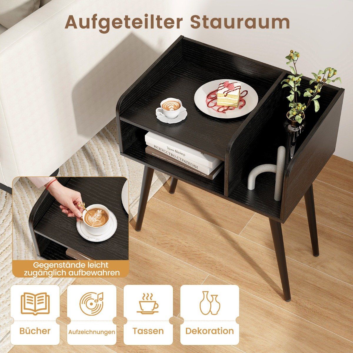 Bedside table side table with open compartment sofa table with metal support legs 50 x 32 x 58 cm black 1 piece