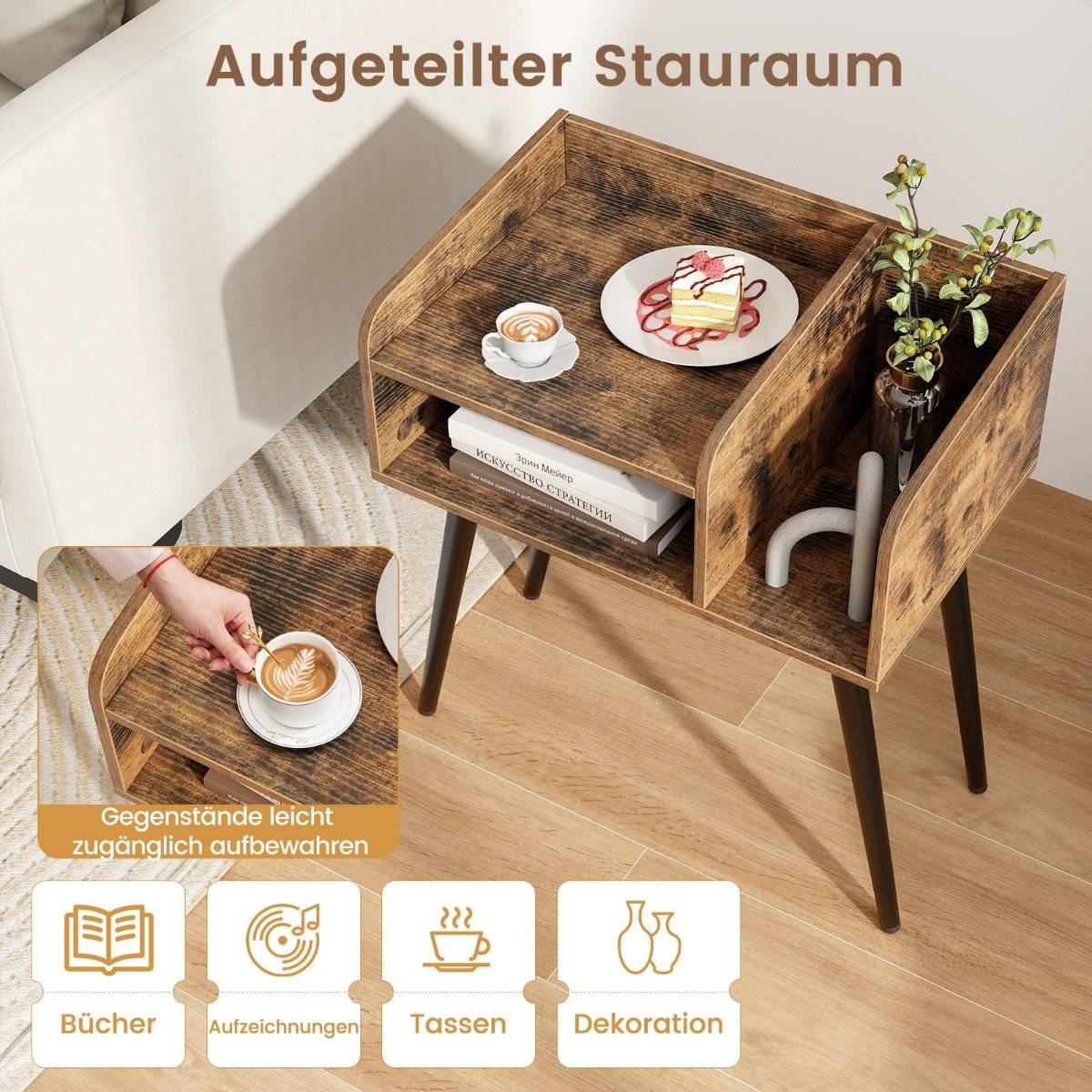 Bedside table side table with open compartment sofa table with metal support legs 50 x 32 x 58 cm rustic brown 1 piece