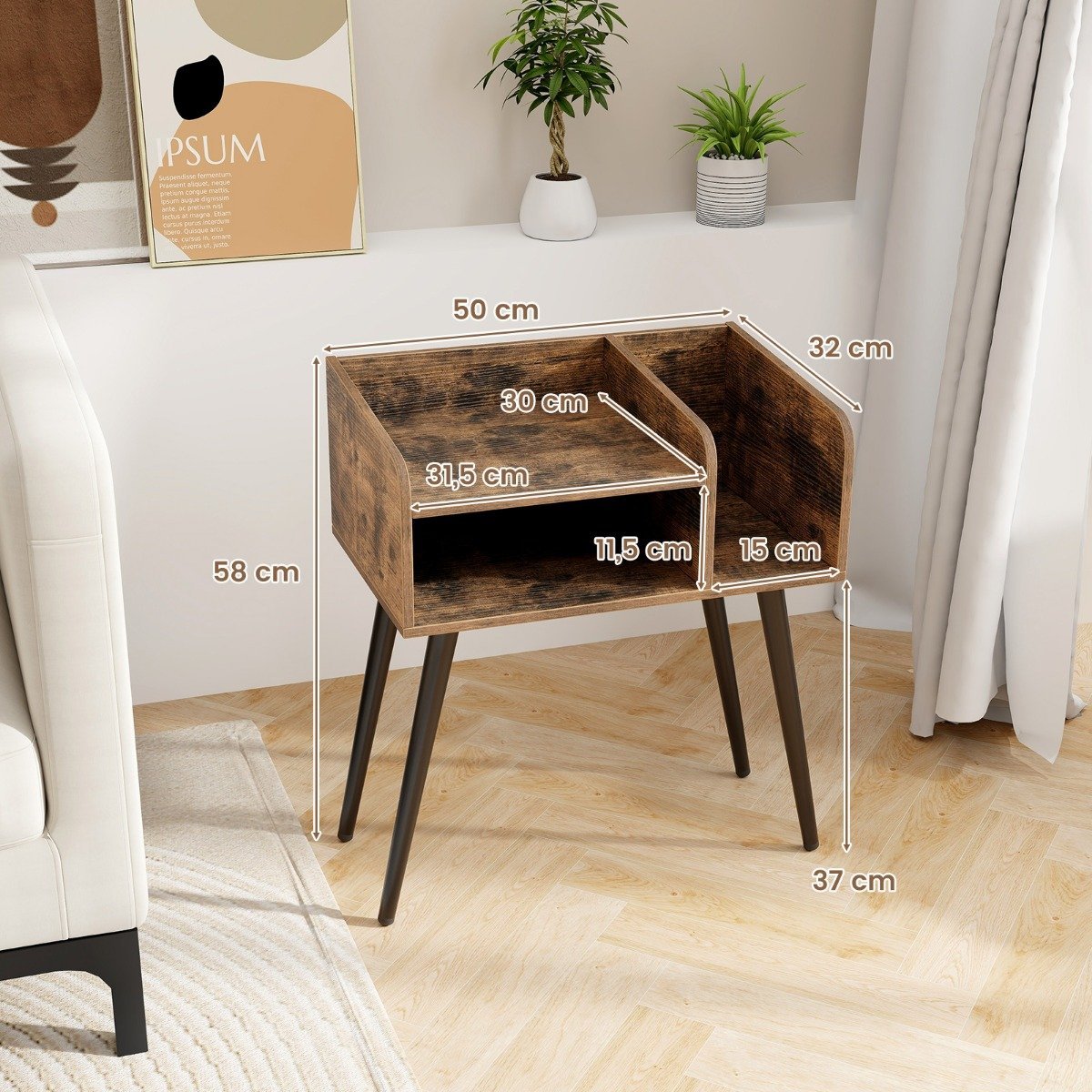 Bedside table side table with open compartment sofa table with metal support legs 50 x 32 x 58 cm rustic brown 1 piece