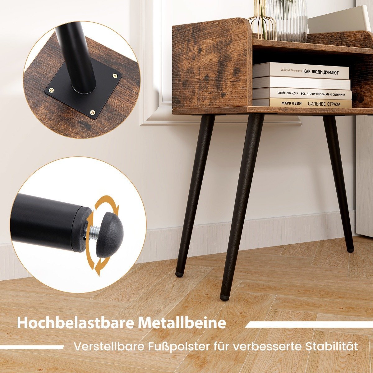 Bedside table side table with open compartment sofa table with metal support legs 50 x 32 x 58 cm rustic brown 1 piece