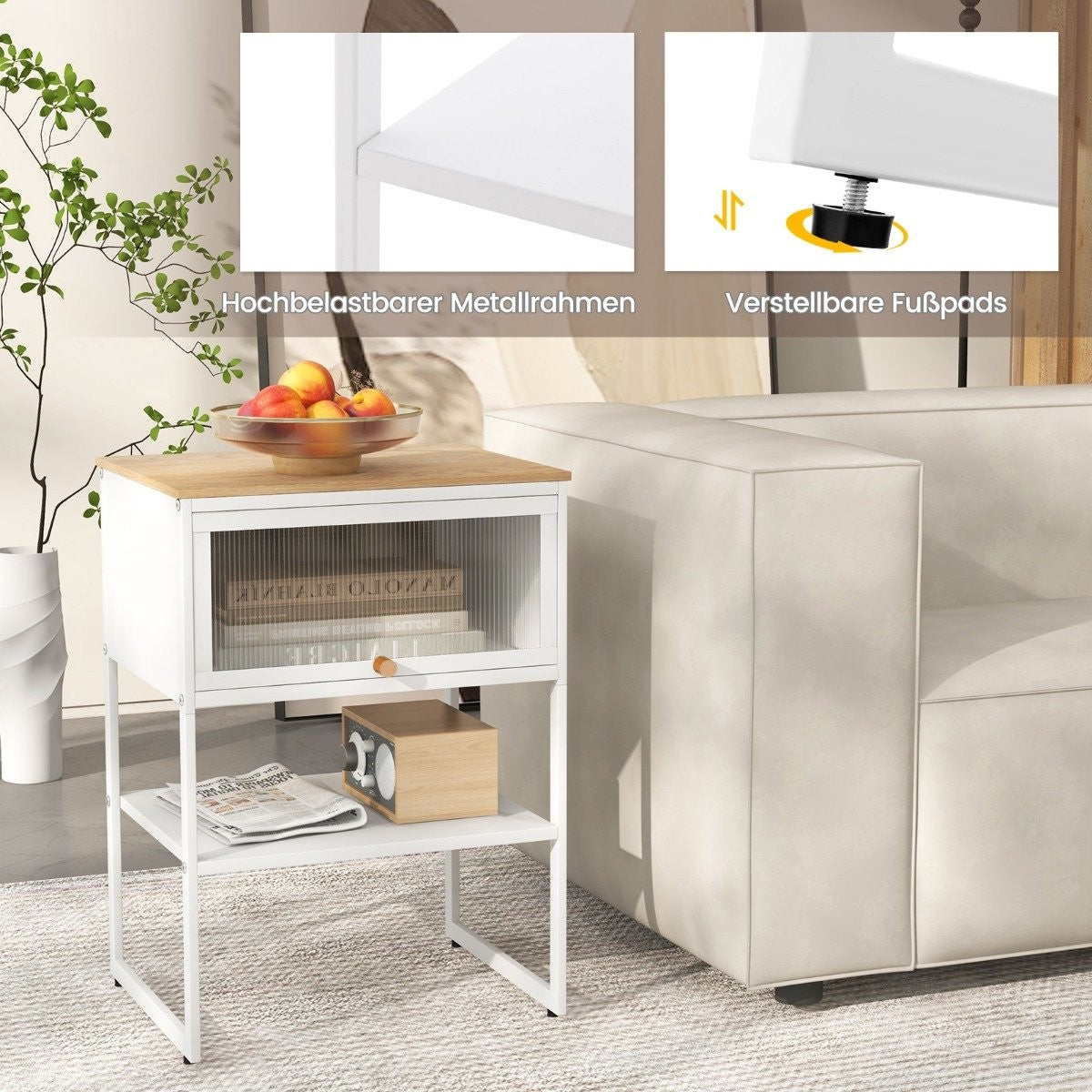 Bedside table side table wooden nightstand with metal frame & shelf & transparent door 40 x 32 x 56 cm white