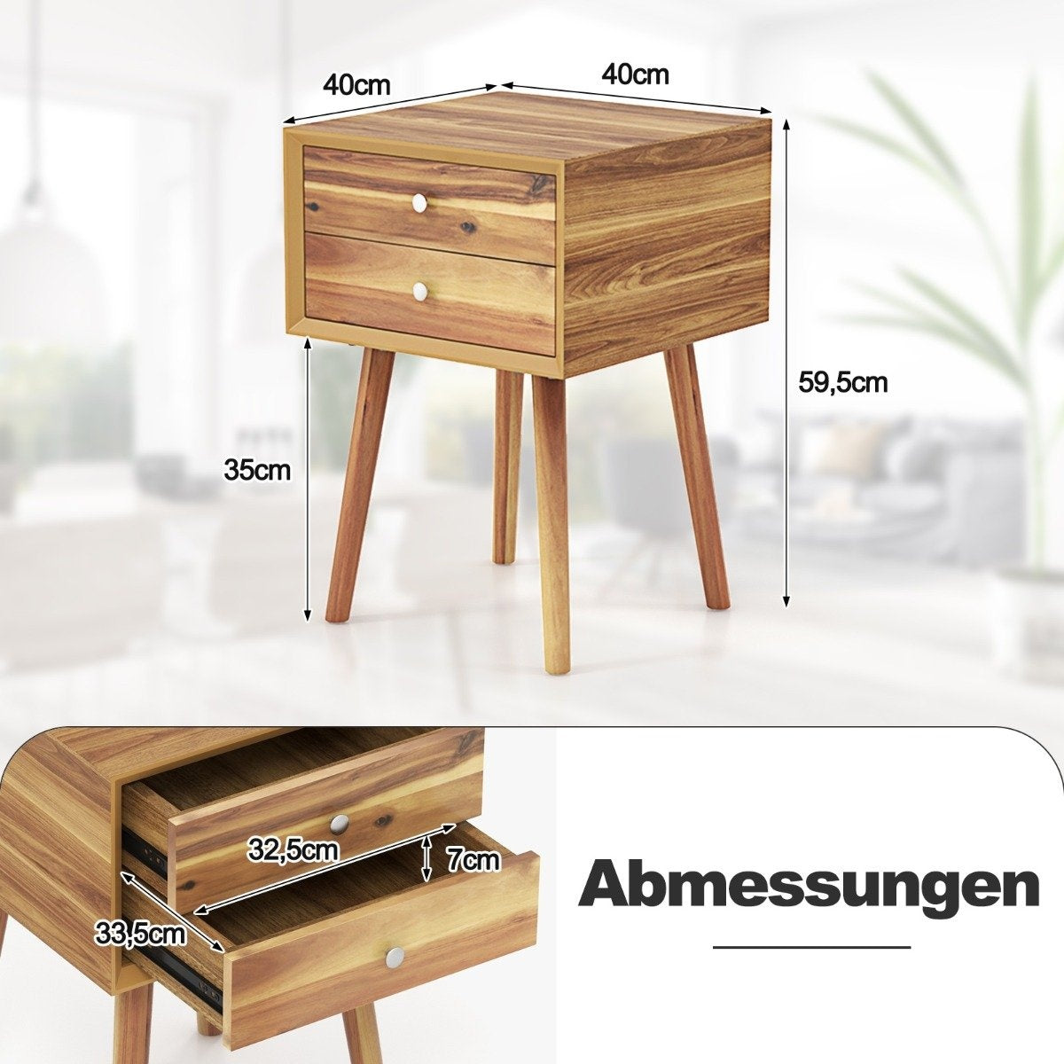 Bedside table with 2 drawers Compact wooden coffee table 40 x 40 x 59.5 cm natural