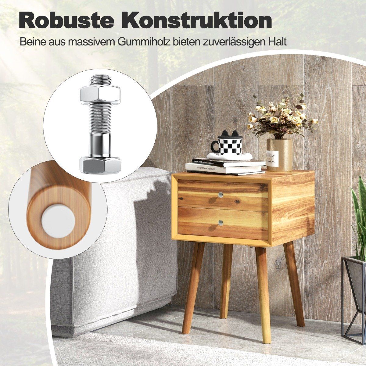 Bedside table with 2 drawers Compact wooden coffee table 40 x 40 x 59.5 cm natural