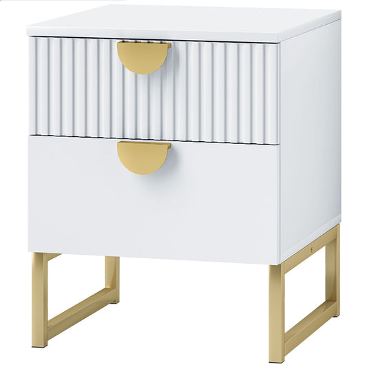 Bedside table with 2 drawers, Gold handle, White 40x40x50cm