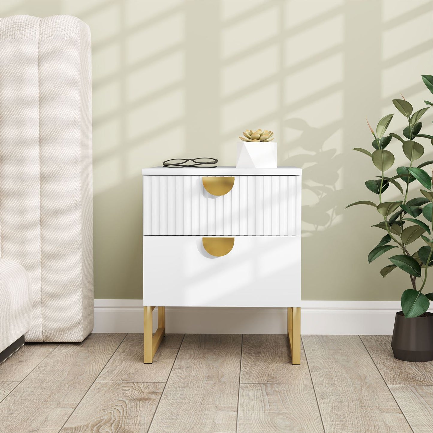 Bedside table with 2 drawers, Gold handle, White 40x40x50cm