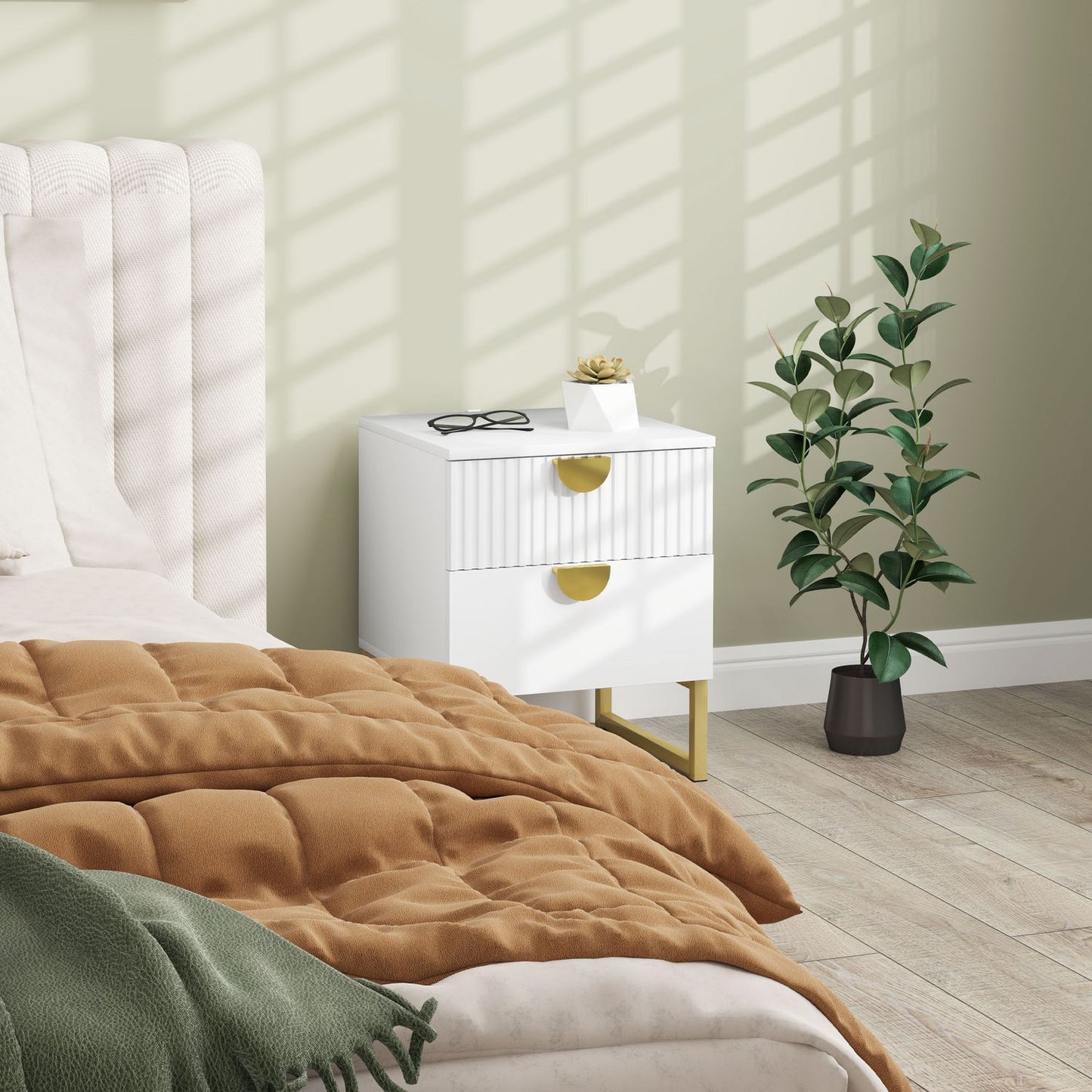 Bedside table with 2 drawers, Gold handle, White 40x40x50cm