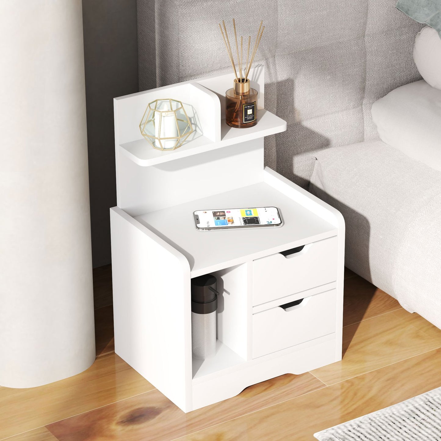 White bedside table, 2 drawers & open shelf, 40x30x60 cm
