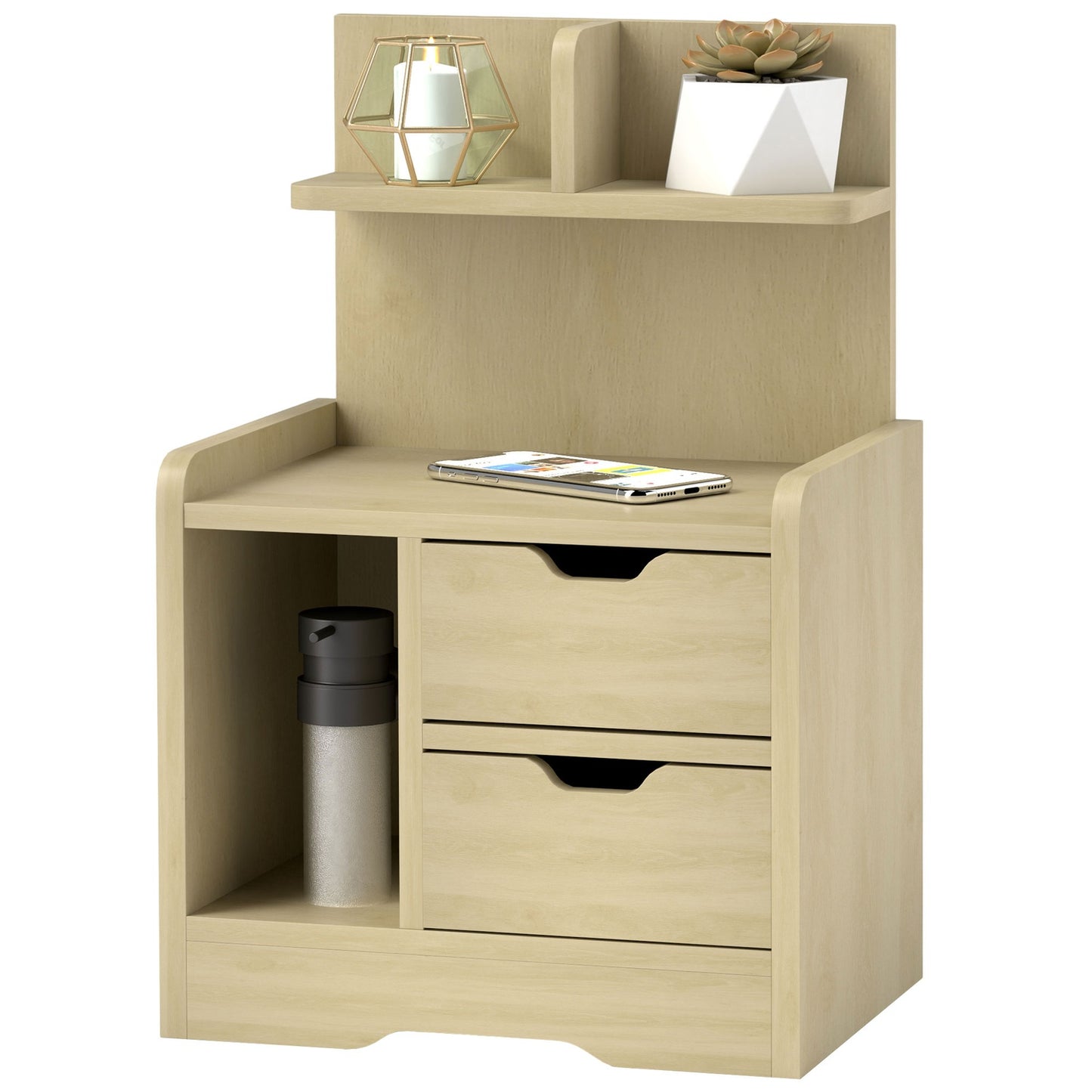 Bedside table in natural wood - 2 drawers, open shelf, 40x30x60 cm