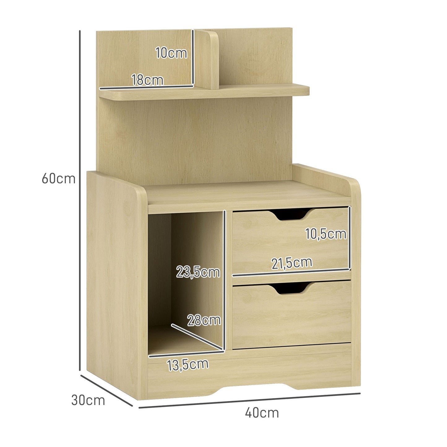 Bedside table in natural wood - 2 drawers, open shelf, 40x30x60 cm