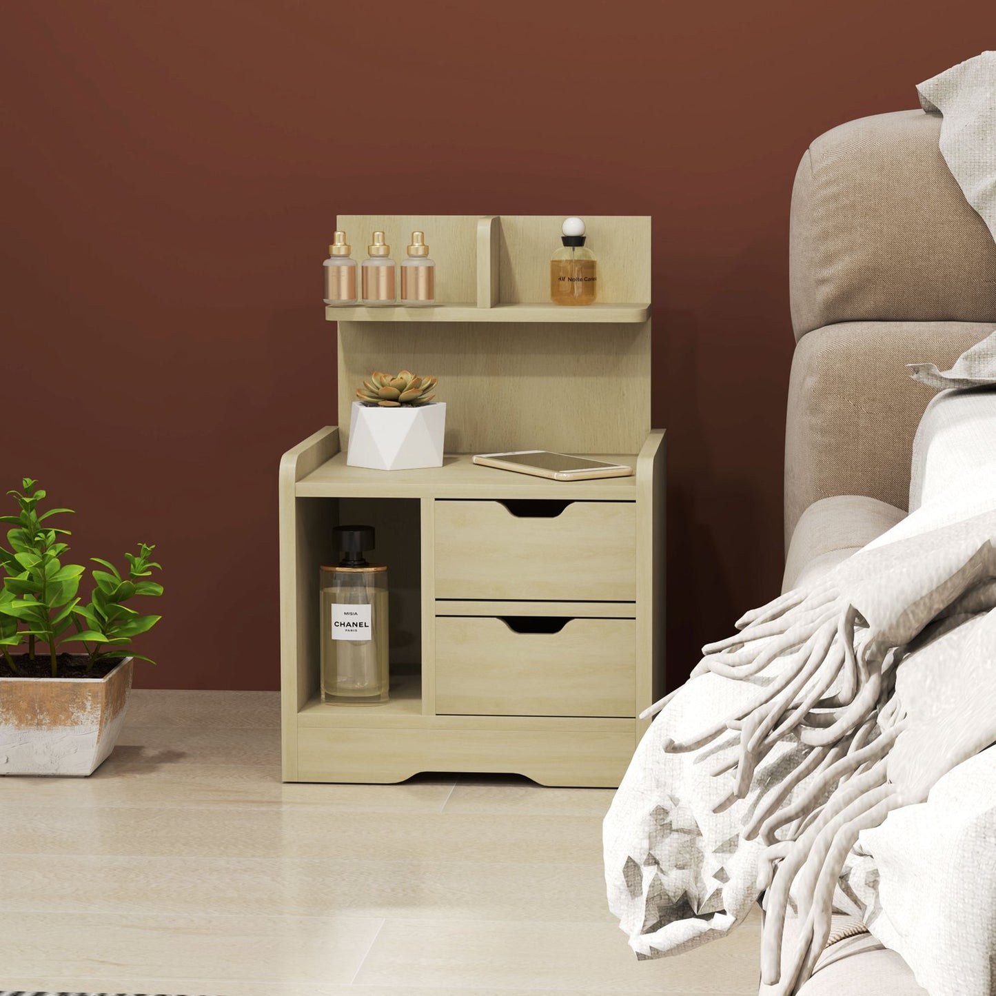 Bedside table in natural wood - 2 drawers, open shelf, 40x30x60 cm