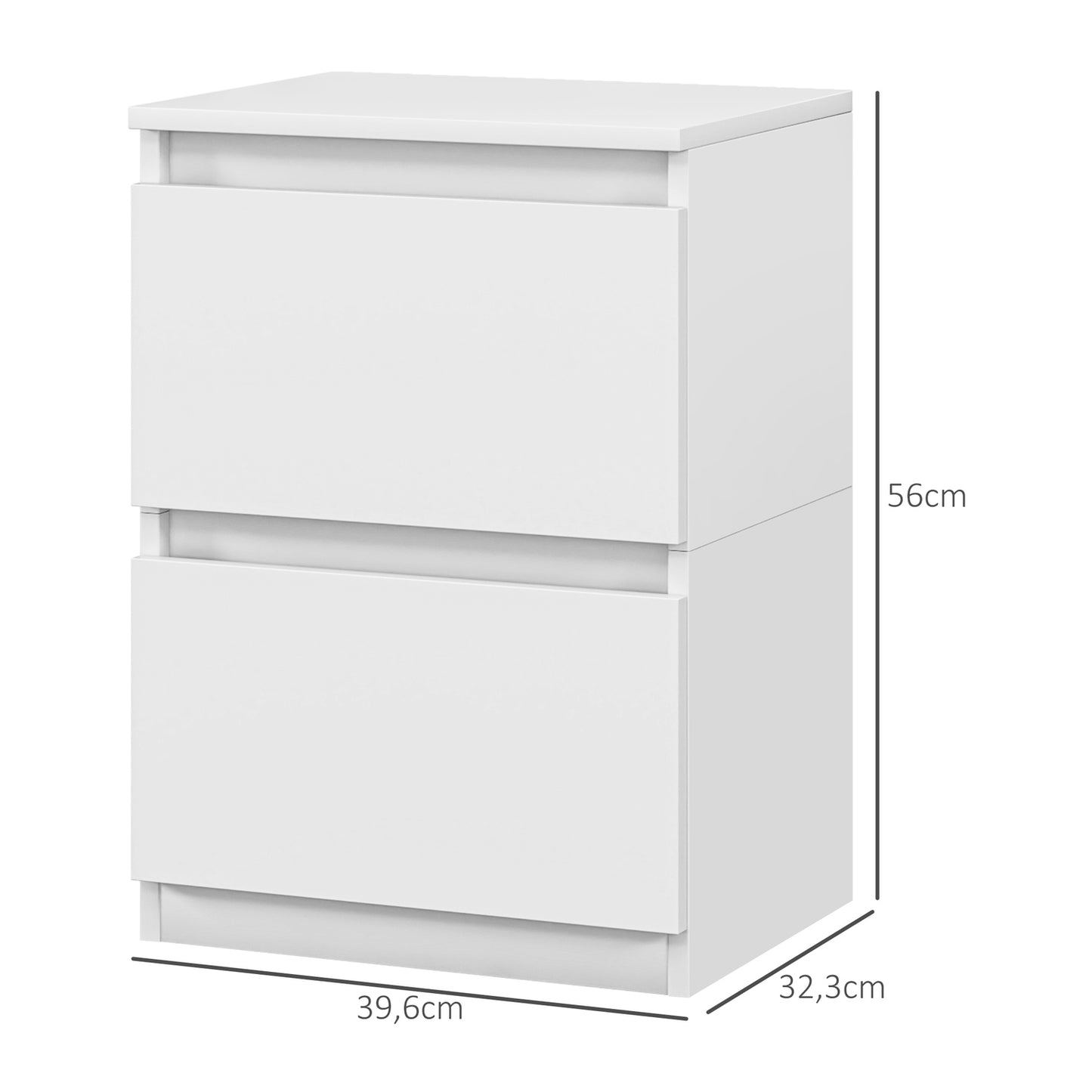 White bedside table with 2 drawers, 40 x 32 x 56 cm