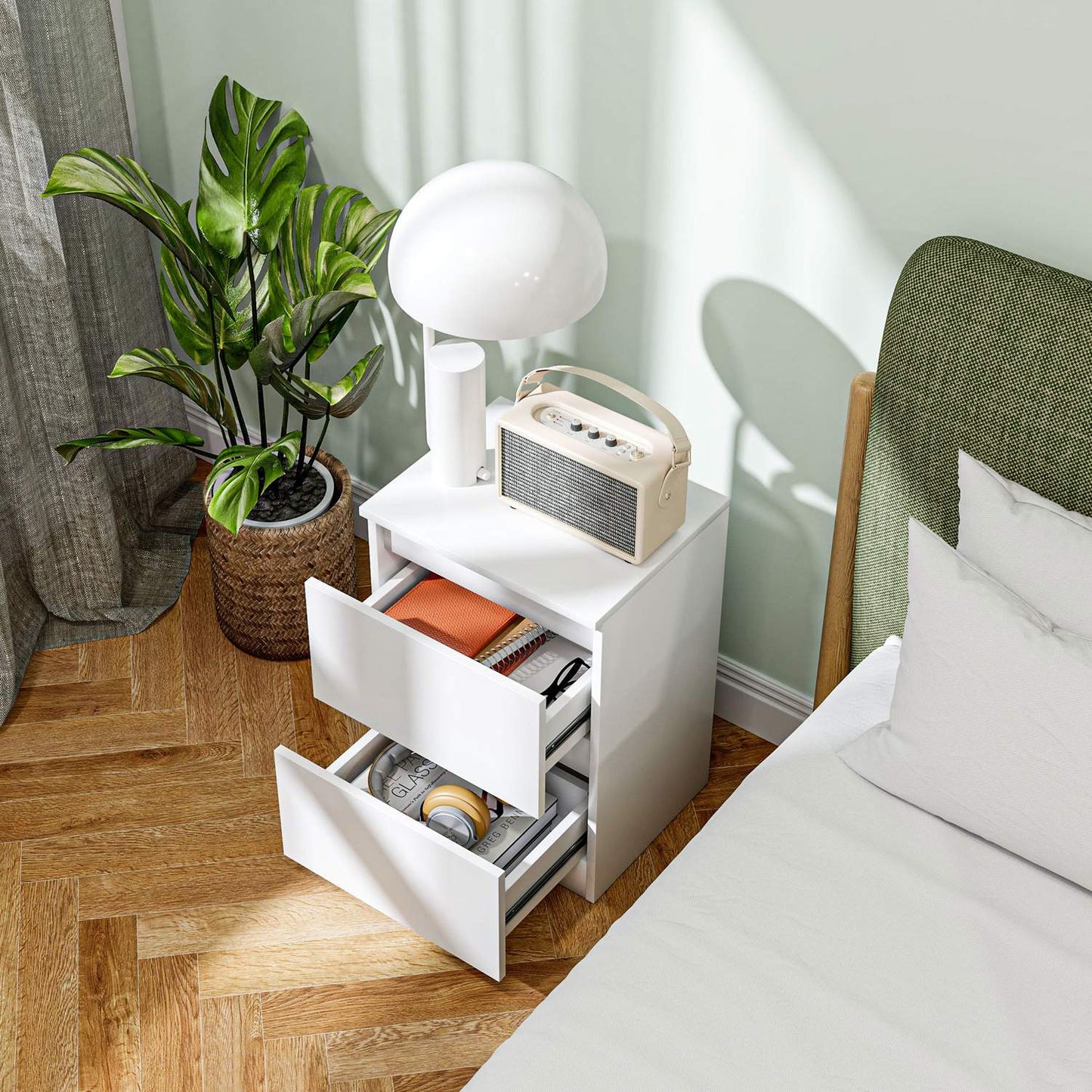 White bedside table with 2 drawers, 40 x 32 x 56 cm