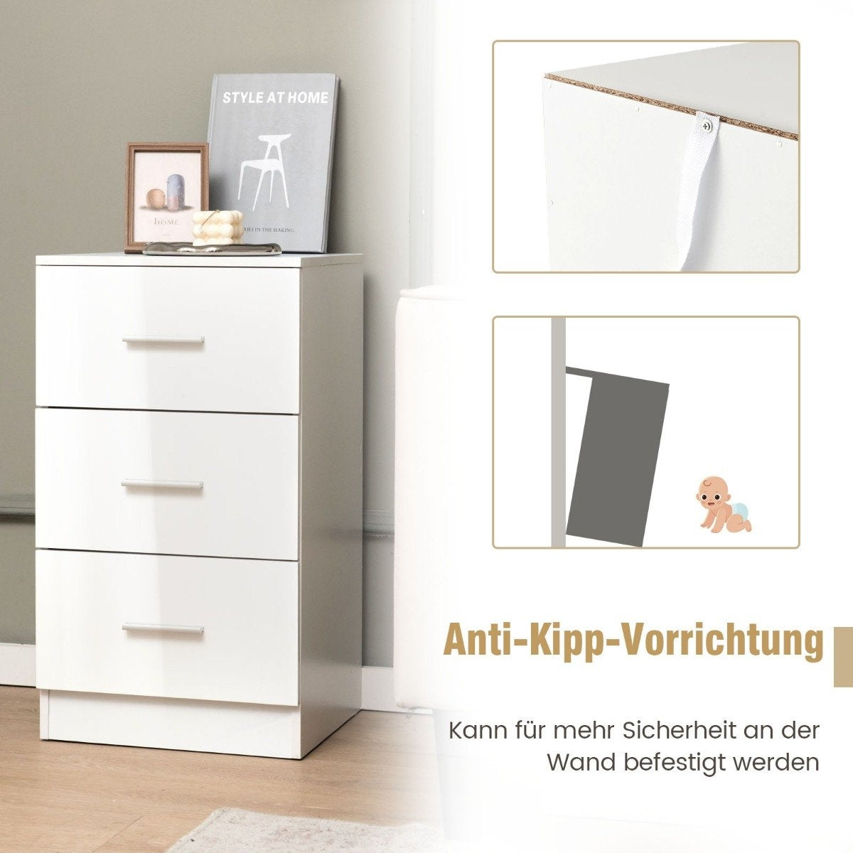 Bedside table with 3 drawers high gloss nightstand 37.1 x 34.2 x 66.5 cm white
