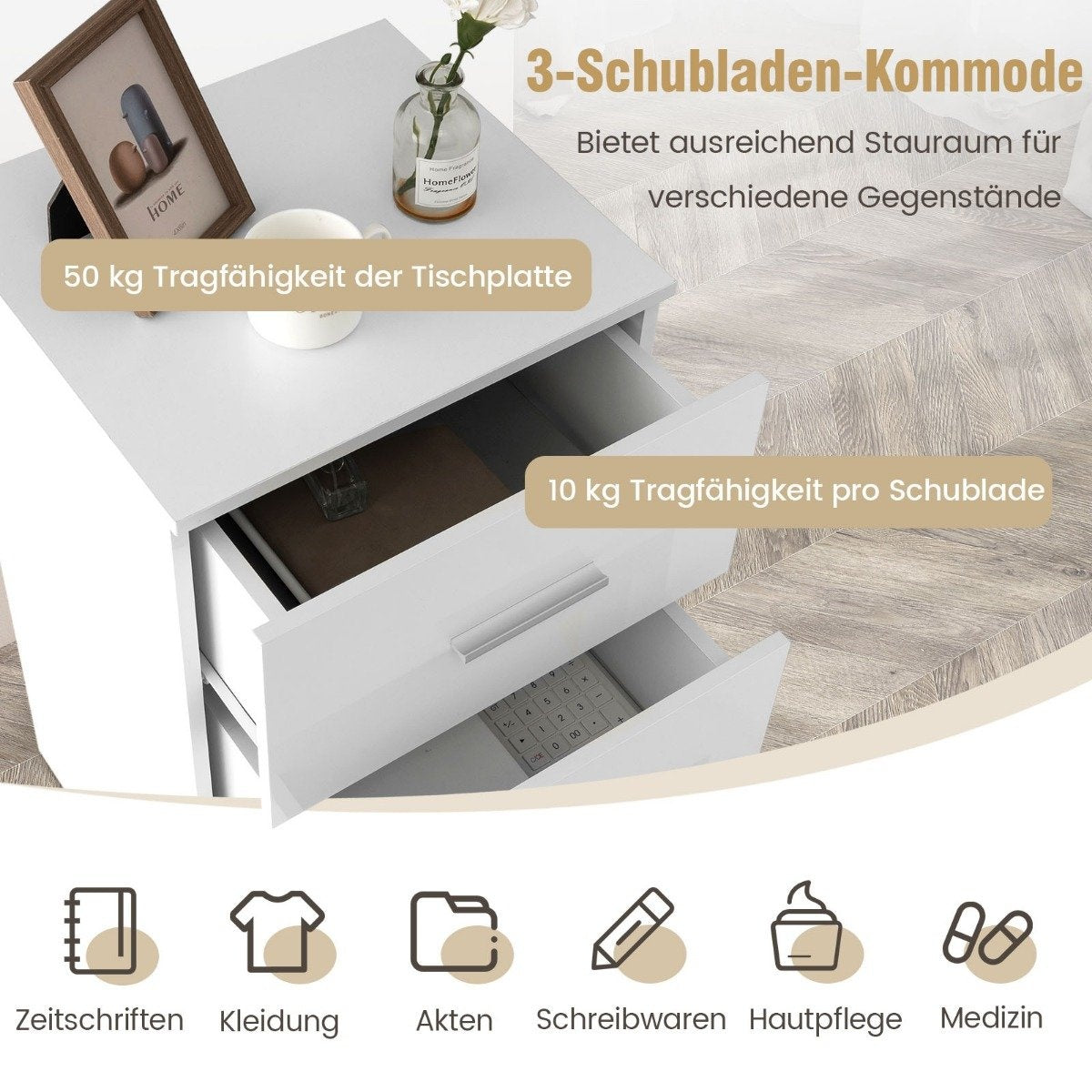 Bedside table with 3 drawers high gloss nightstand 37.1 x 34.2 x 66.5 cm white