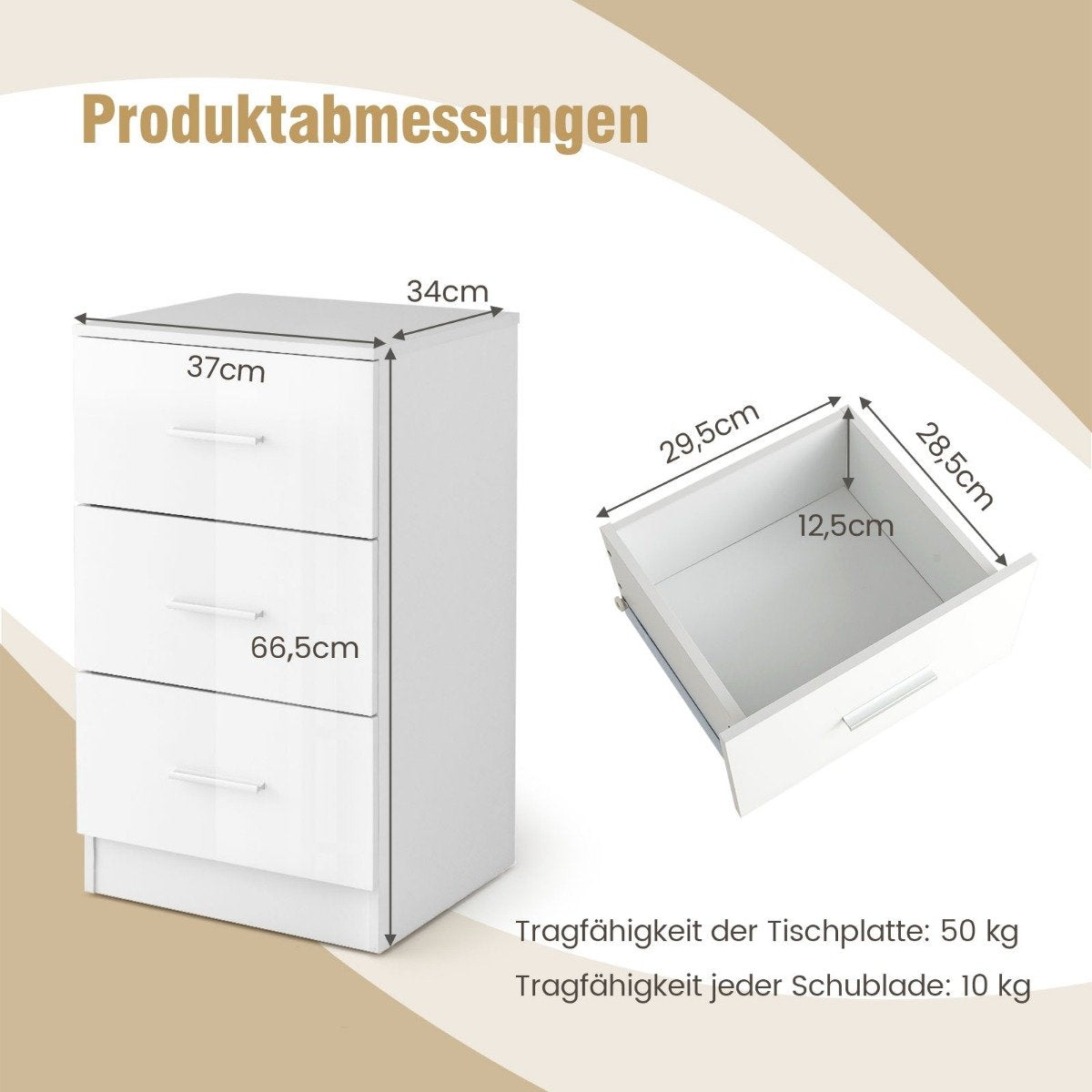 Bedside table with 3 drawers high gloss nightstand 37.1 x 34.2 x 66.5 cm white