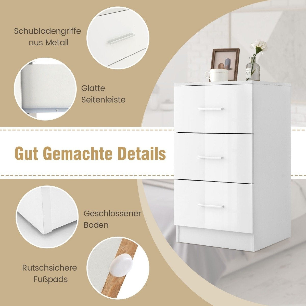 Bedside table with 3 drawers high gloss nightstand 37.1 x 34.2 x 66.5 cm white
