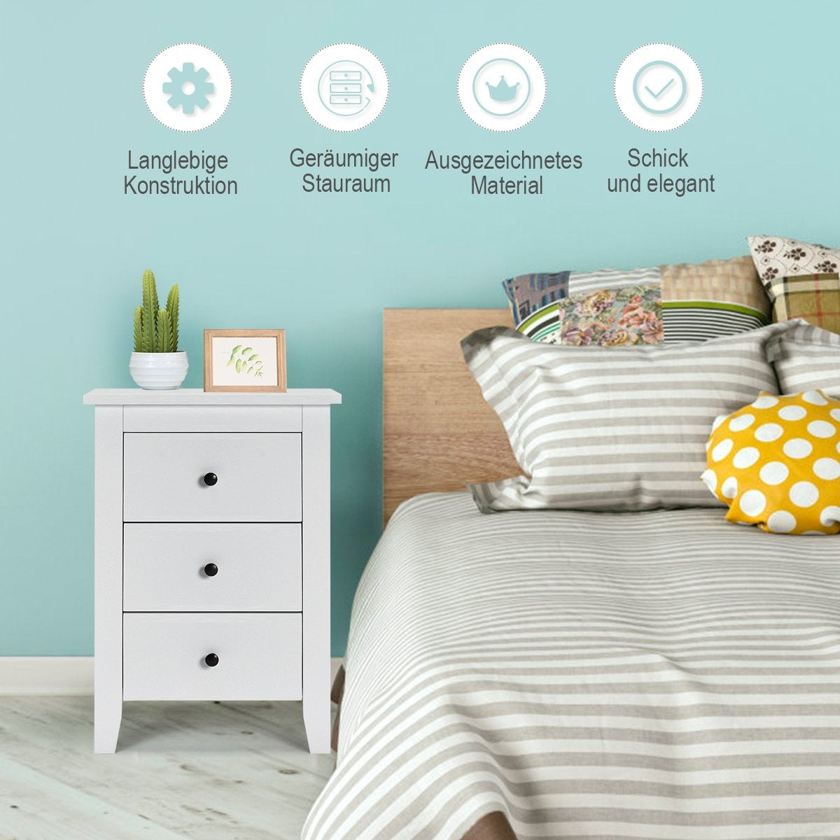 Bedside table with 3 drawers, large storage space and stable structure, bedside table, white