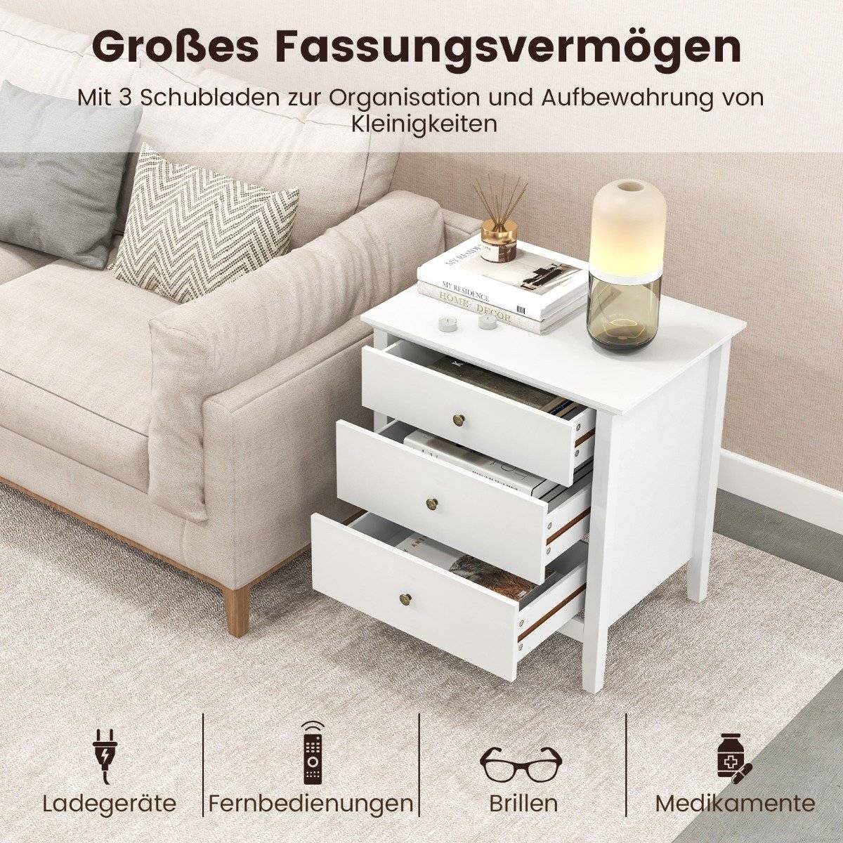 Bedside table with 3 drawers, side table, nightstand, nightstand, white