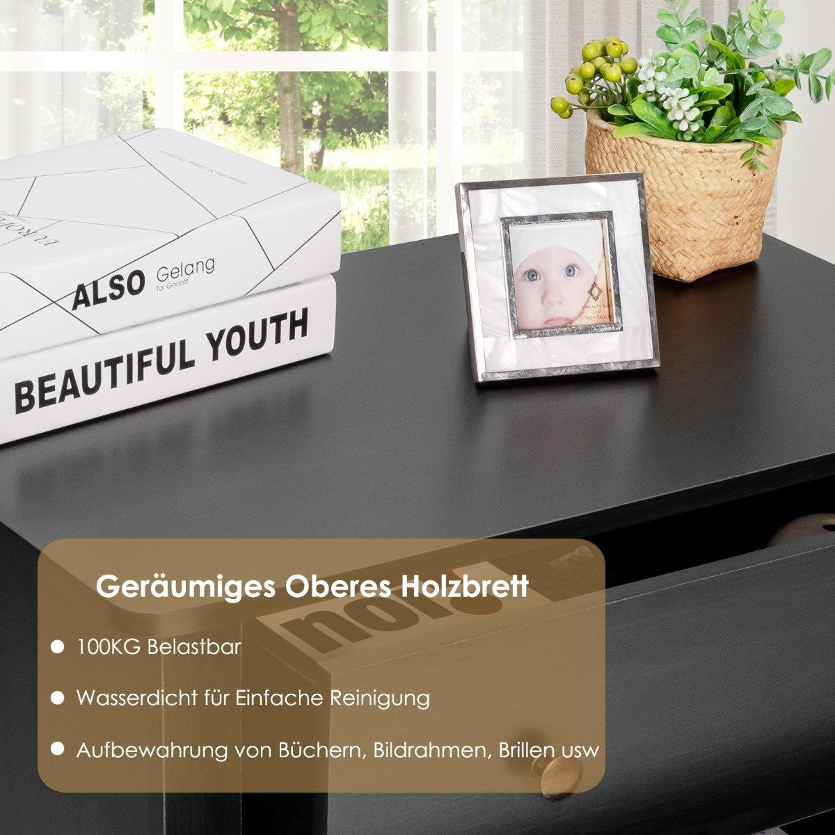 Bedside table with 3 drawers side table with wooden handles 71 x 46 x 66 cm black