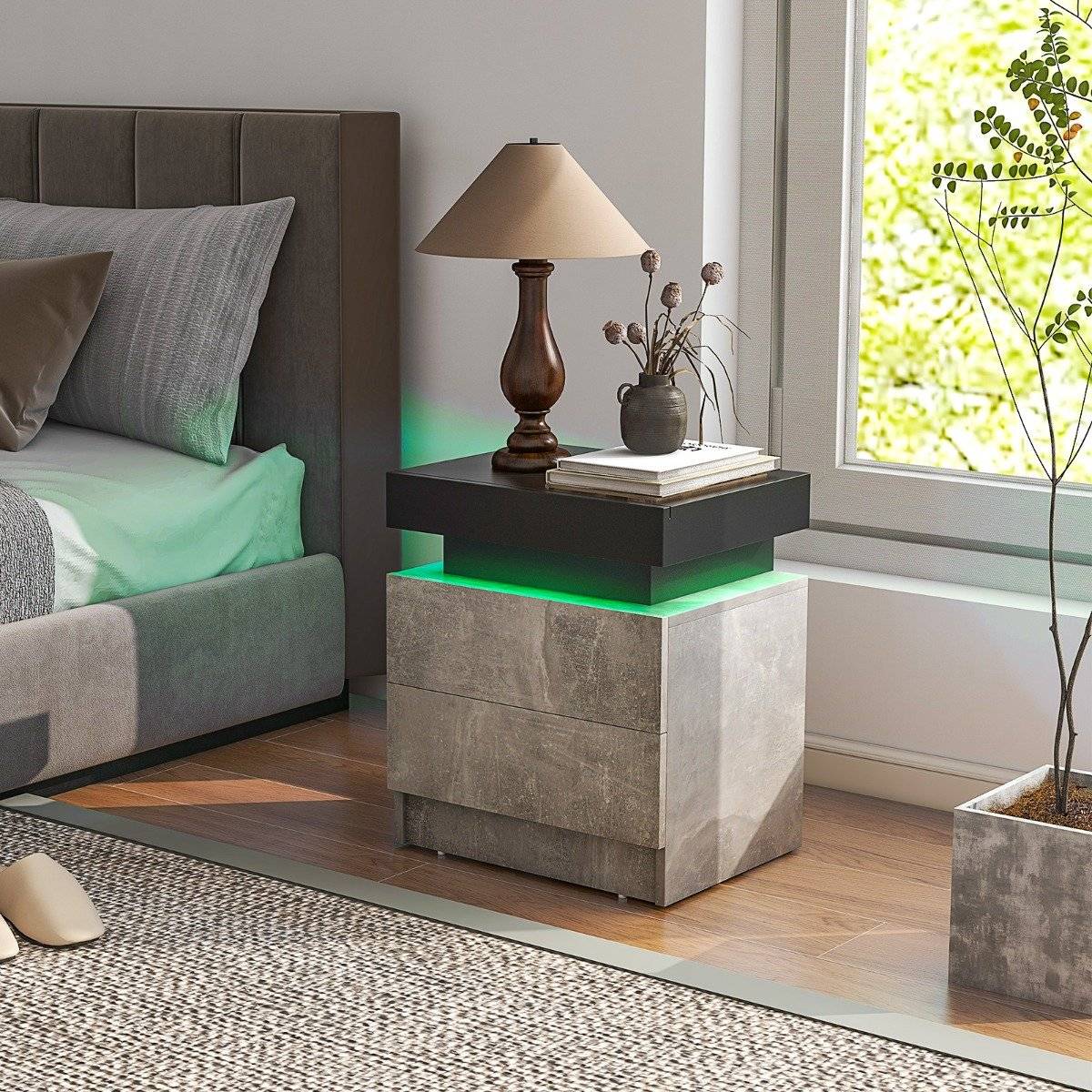 Bedside table with LED lights & 2 drawers & remote control bedside cabinet 45 x 35 x 52cm gray