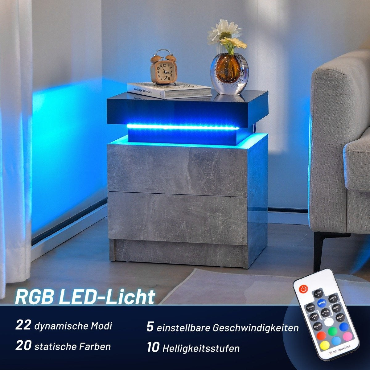 Bedside table with LED lights & 2 drawers & remote control bedside cabinet 45 x 35 x 52cm gray