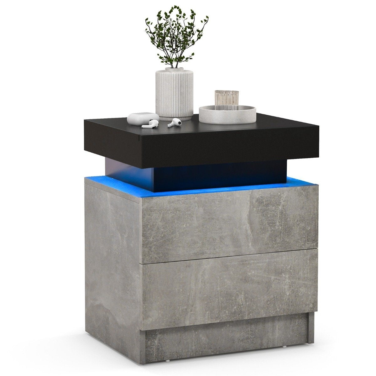 Bedside table with LED lights & 2 drawers & remote control bedside cabinet 45 x 35 x 52cm gray