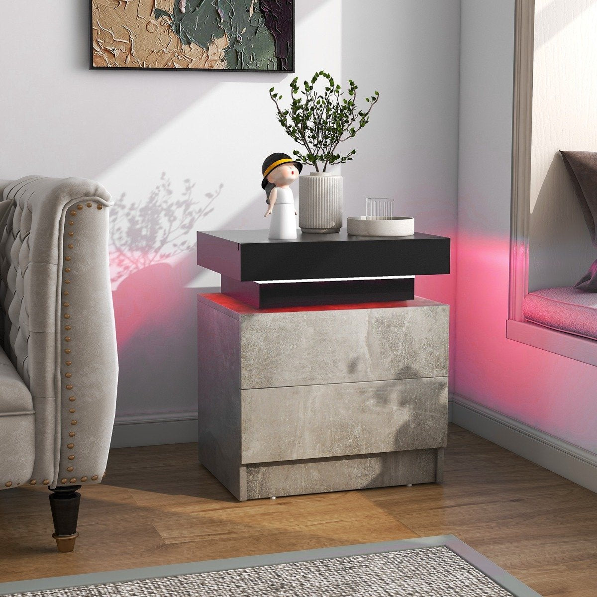 Bedside table with LED lights & 2 drawers & remote control bedside cabinet 45 x 35 x 52cm gray