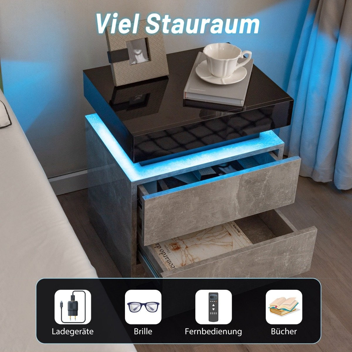 Bedside table with LED lights & 2 drawers & remote control bedside cabinet 45 x 35 x 52cm gray