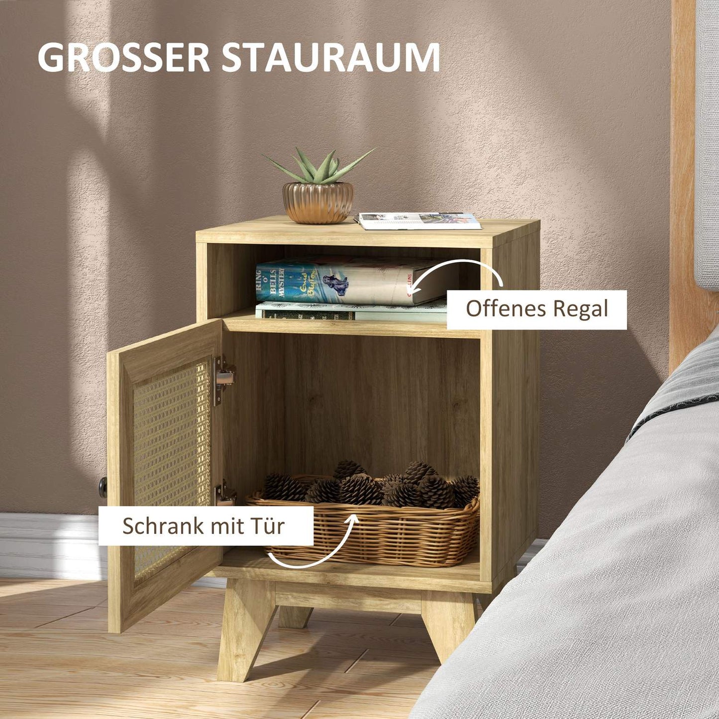 Natural bedside table with storage, 39 x 35 x 60 cm
