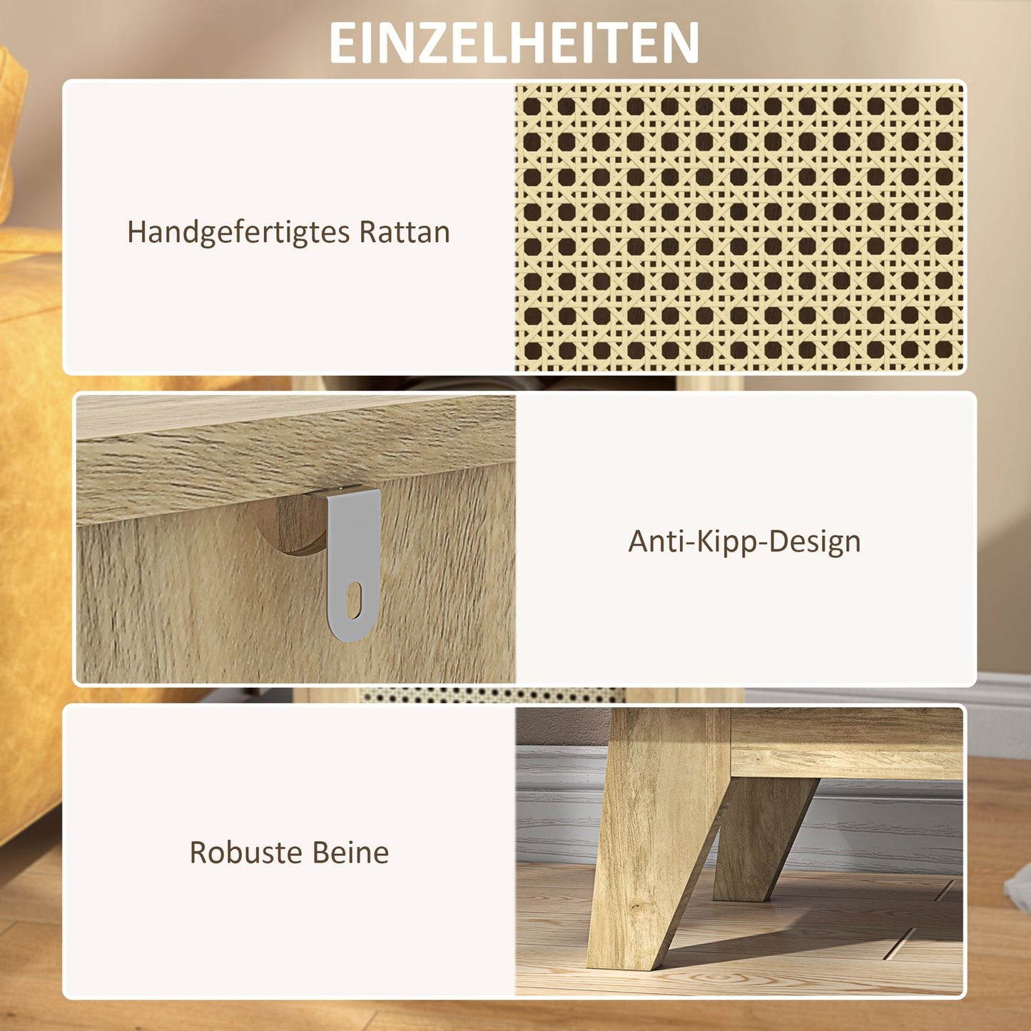 Natural bedside table with storage, 39 x 35 x 60 cm