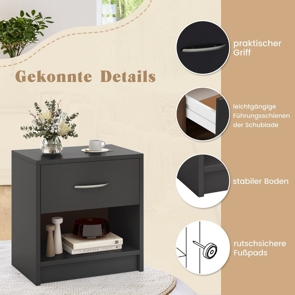 Bedside table with drawer Small side table with open compartment 38.5 x 28 x 40.5 cm Gray