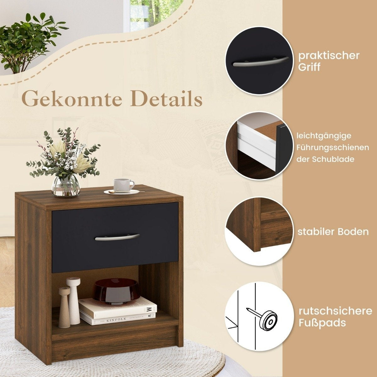 Bedside table with drawer Small side table with open compartment 38.5 x 28 x 40.5 cm brown + black