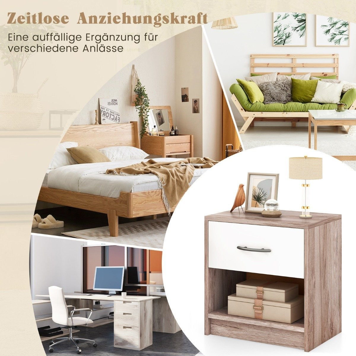 Bedside table with drawer Small side table with open compartment 38.5 x 28 x 40.5 cm oak + white