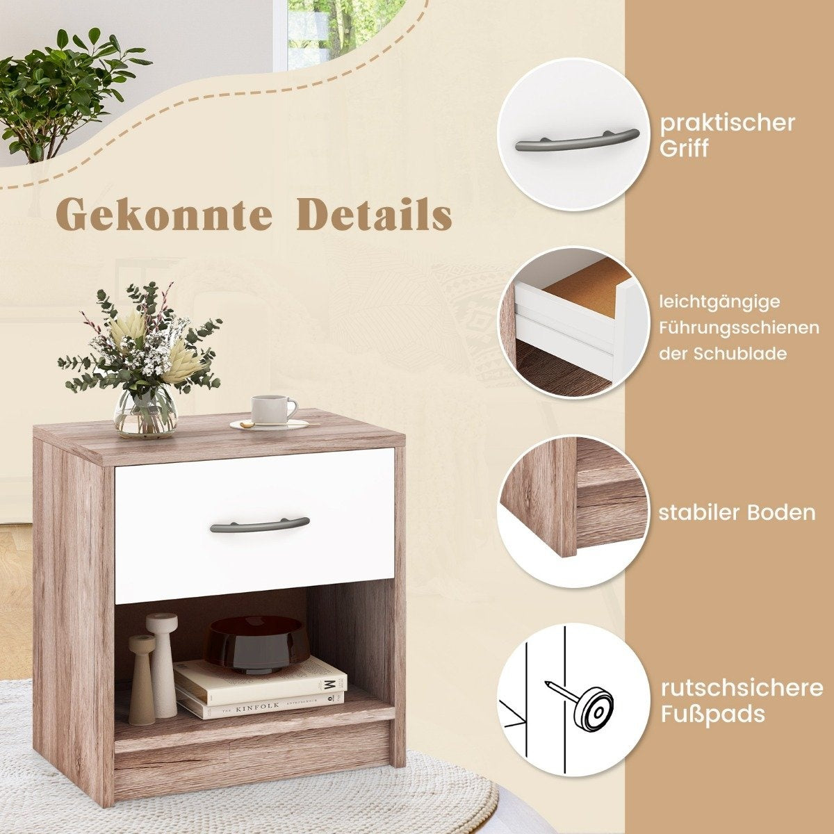Bedside table with drawer Small side table with open compartment 38.5 x 28 x 40.5 cm oak + white