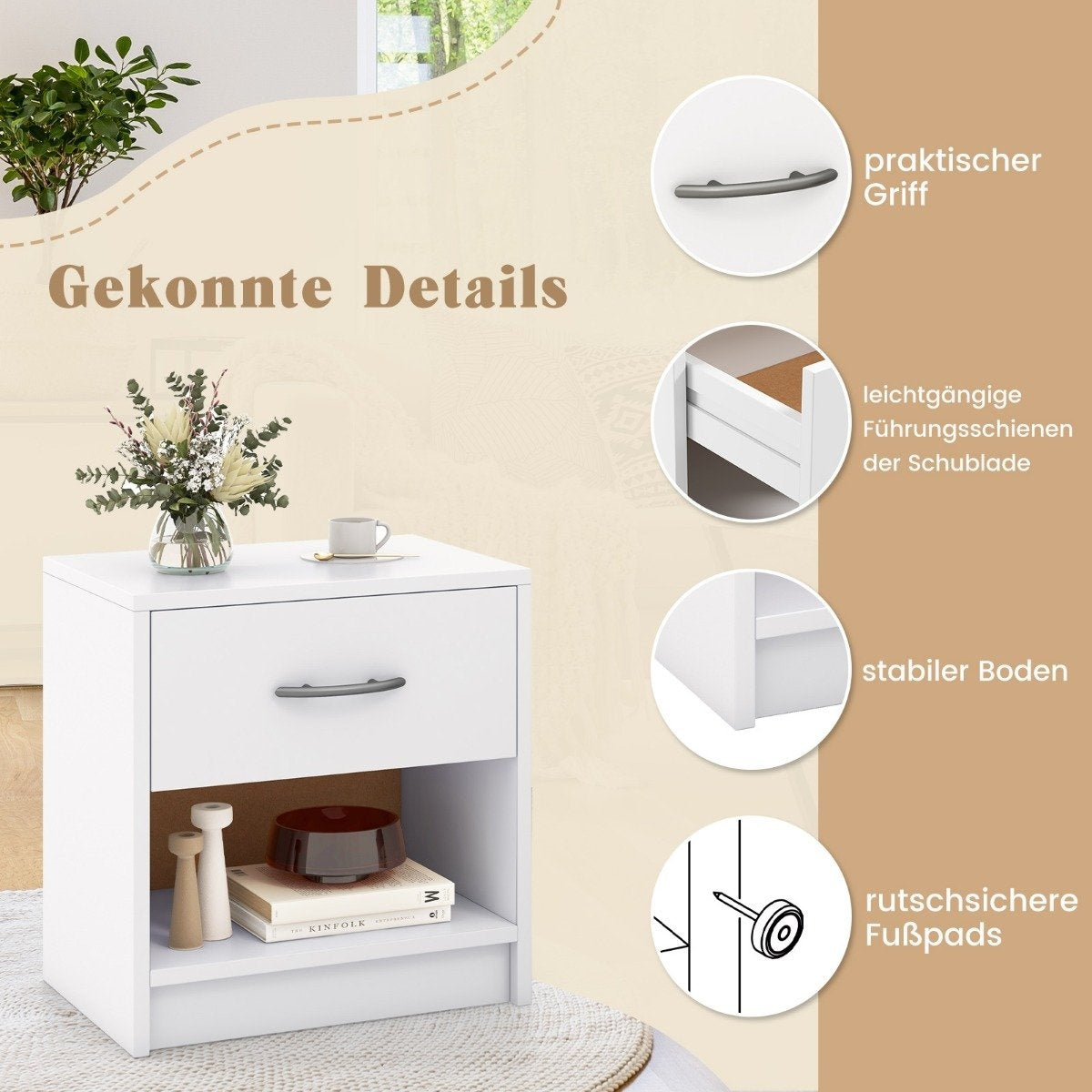 Bedside table with drawer Small side table with open compartment 38.5 x 28 x 40.5 cm white