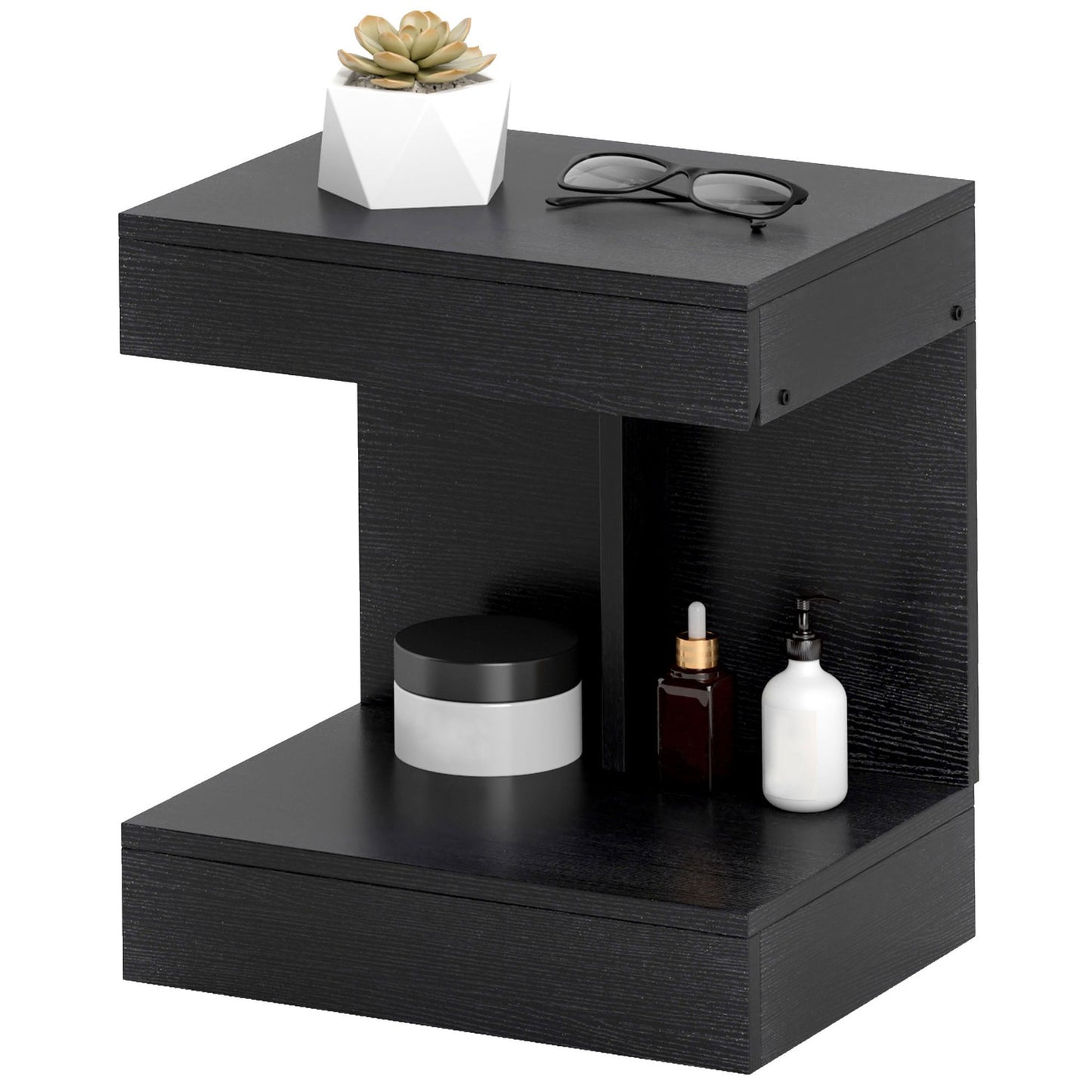 Black bedside table with drawers and shelf, 40x30x46 cm