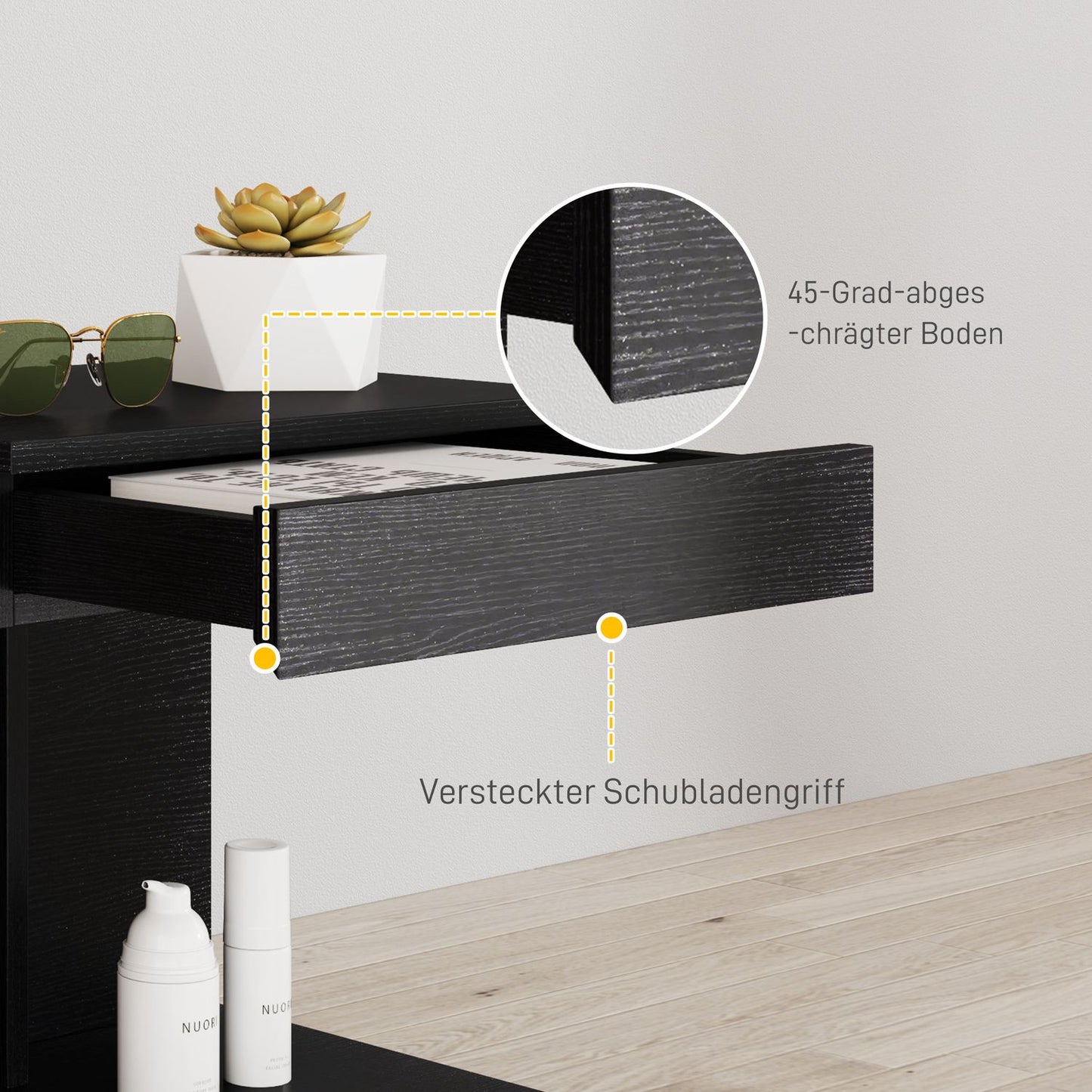 Black bedside table with drawers and shelf, 40x30x46 cm