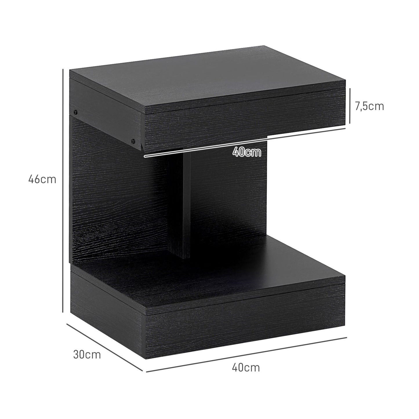 Black bedside table with drawers and shelf, 40x30x46 cm