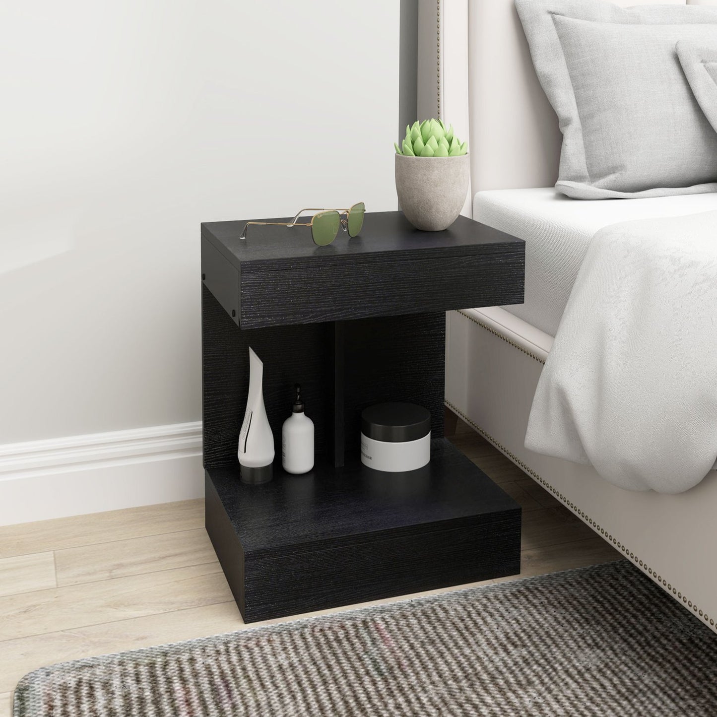 Black bedside table with drawers and shelf, 40x30x46 cm