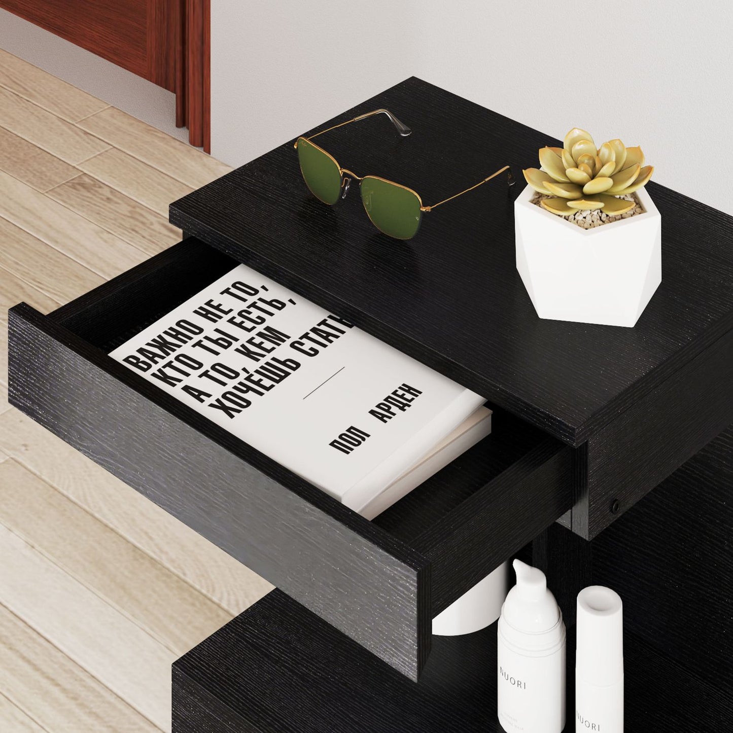 Black bedside table with drawers and shelf, 40x30x46 cm