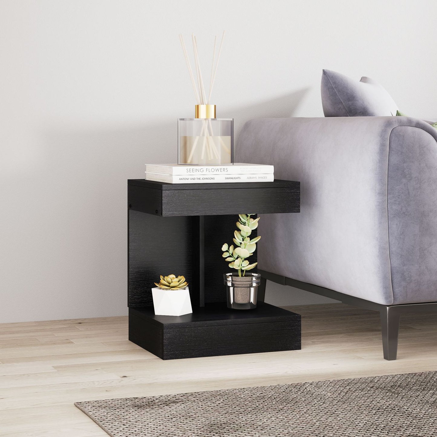 Black bedside table with drawers and shelf, 40x30x46 cm