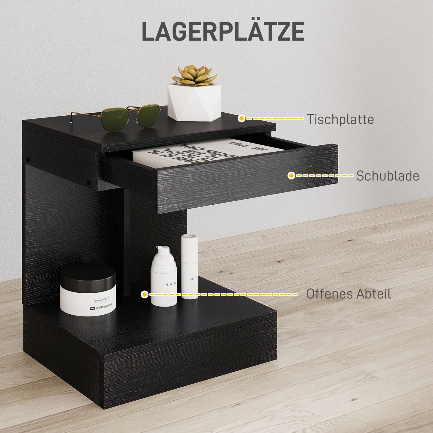 Black bedside table with drawers and shelf, 40x30x46 cm