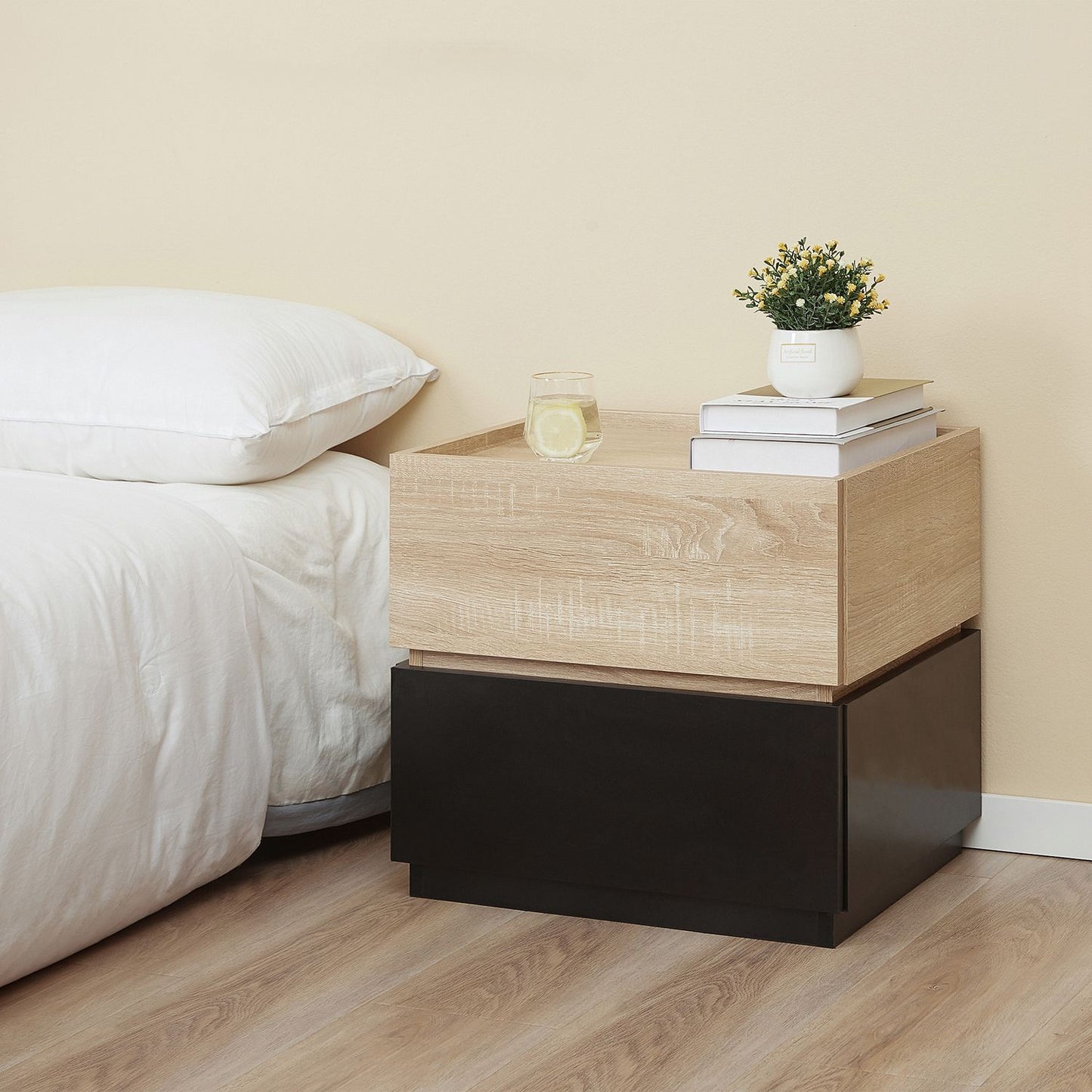 Stackable Black & Natural Nightstand, 50x40x47.5 cm