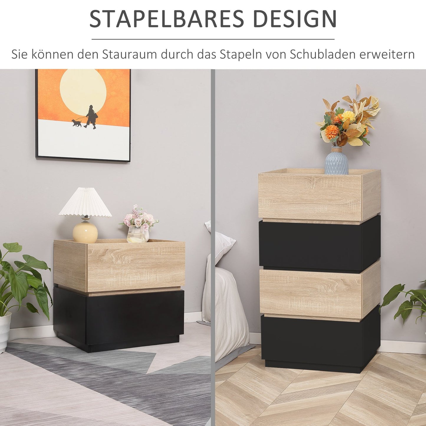 Stackable Black & Natural Nightstand, 50x40x47.5 cm
