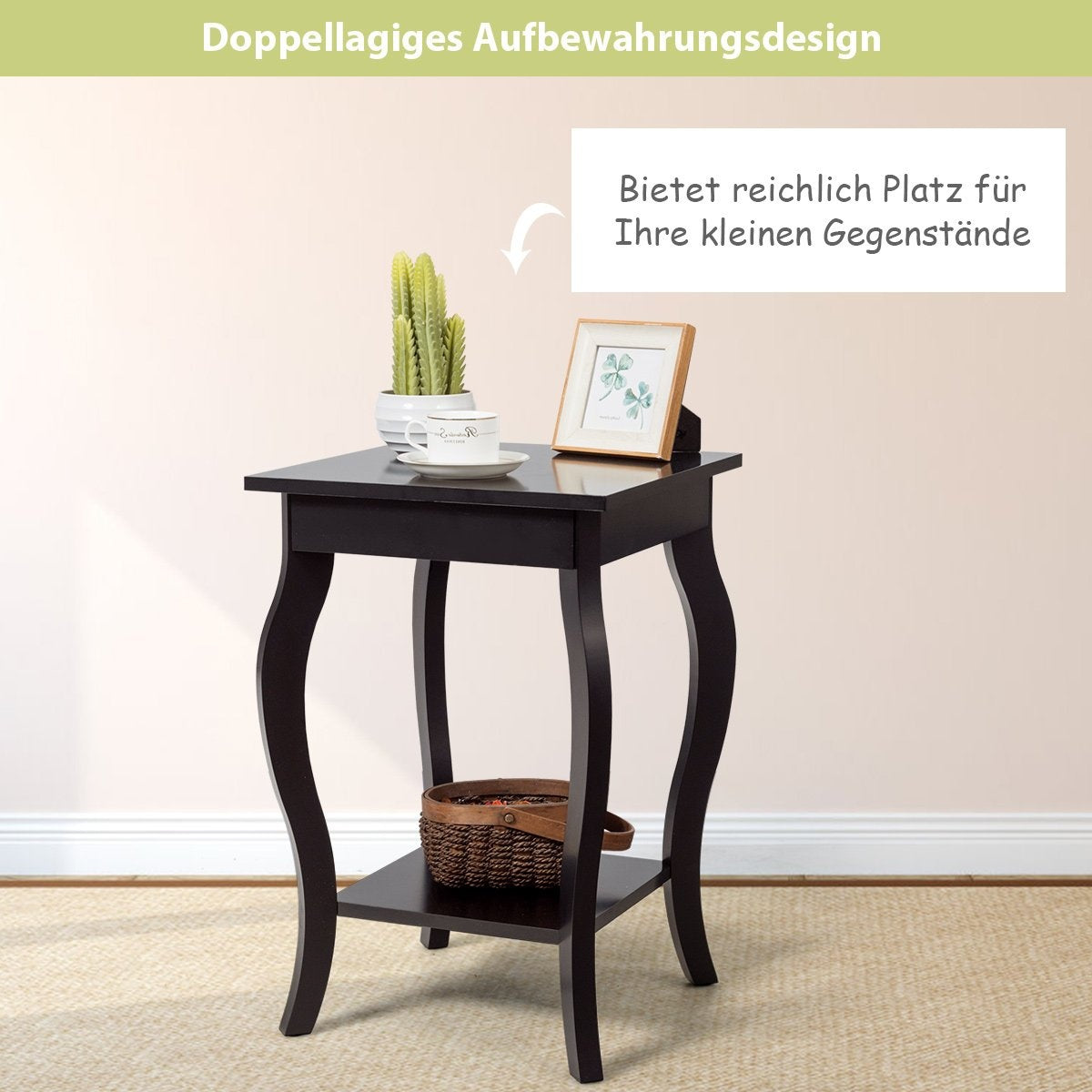 Bedside table with shelf 2 level wooden side table with curved legs brown
