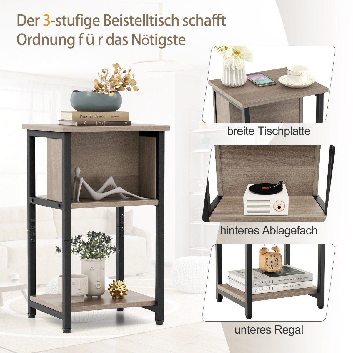 Bedside table with shelf & adjustable foot pads, side table, sofa table, nightstand 34 x 30 x 58.5 cm