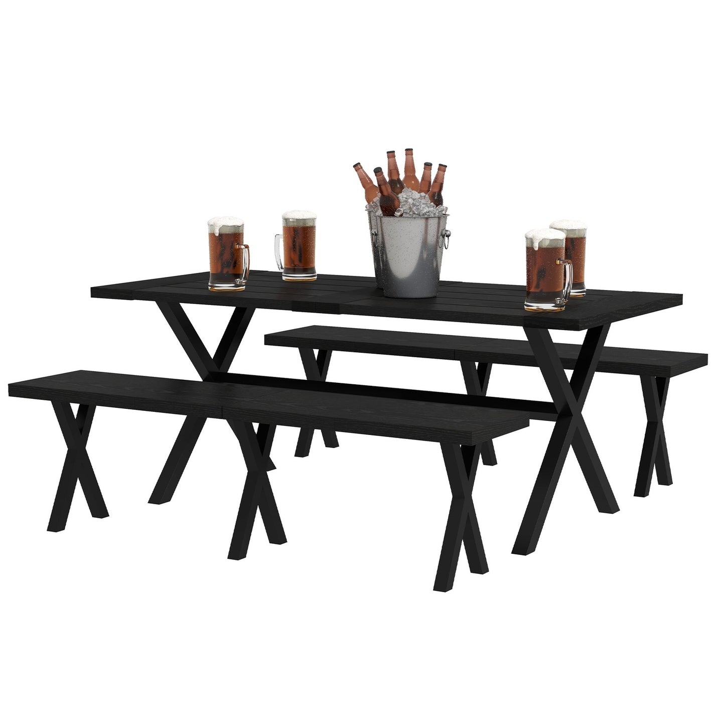 Black beer tent set - table, 2 benches, wooden look, 180x80x73 cm
