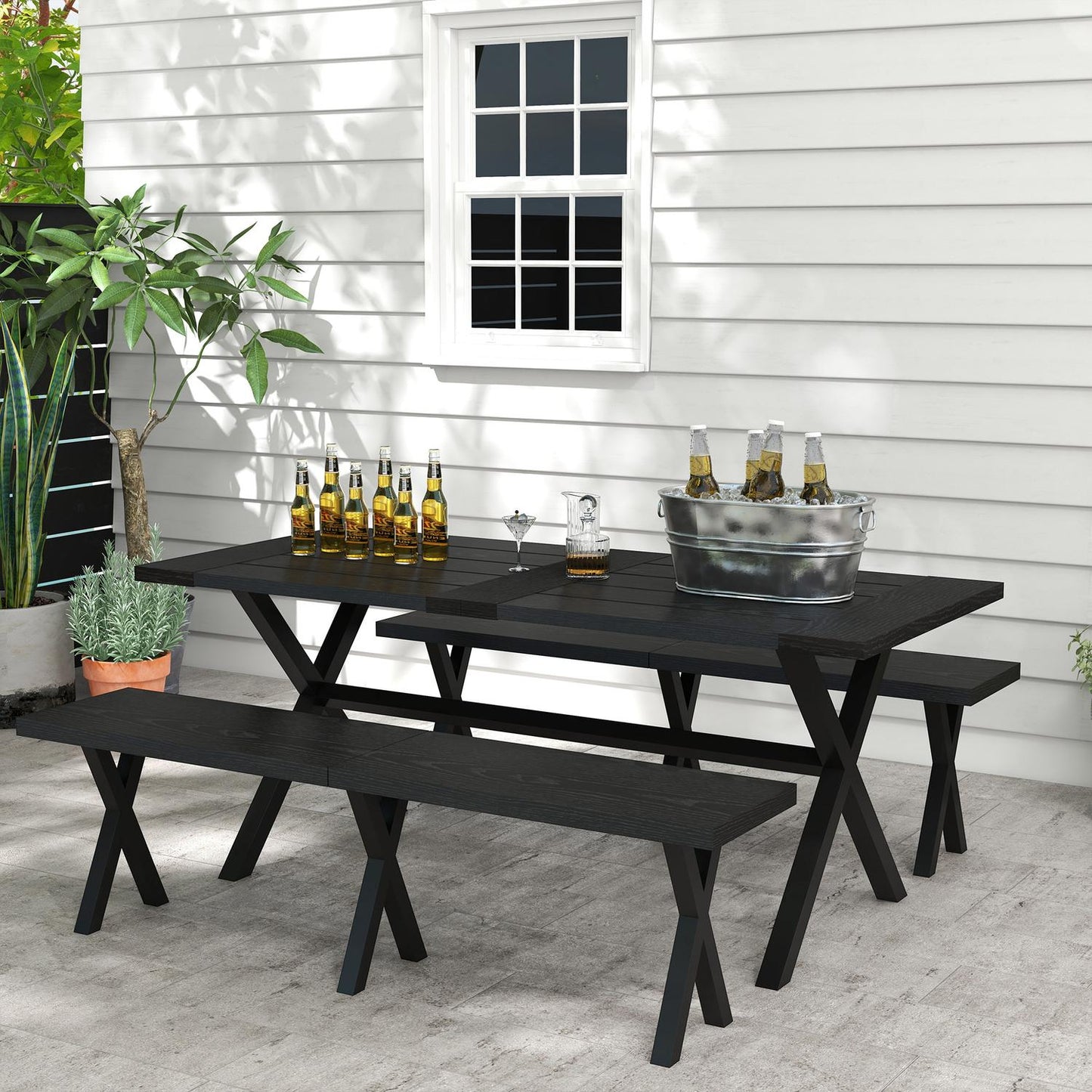 Black beer tent set - table, 2 benches, wooden look, 180x80x73 cm