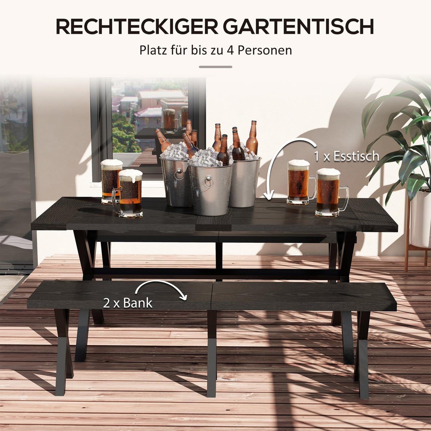 Black beer tent set - table, 2 benches, wooden look, 180x80x73 cm